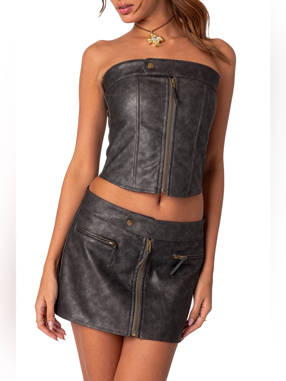 Edikted Zira Faux Leather Corset Top and Mini Skirt